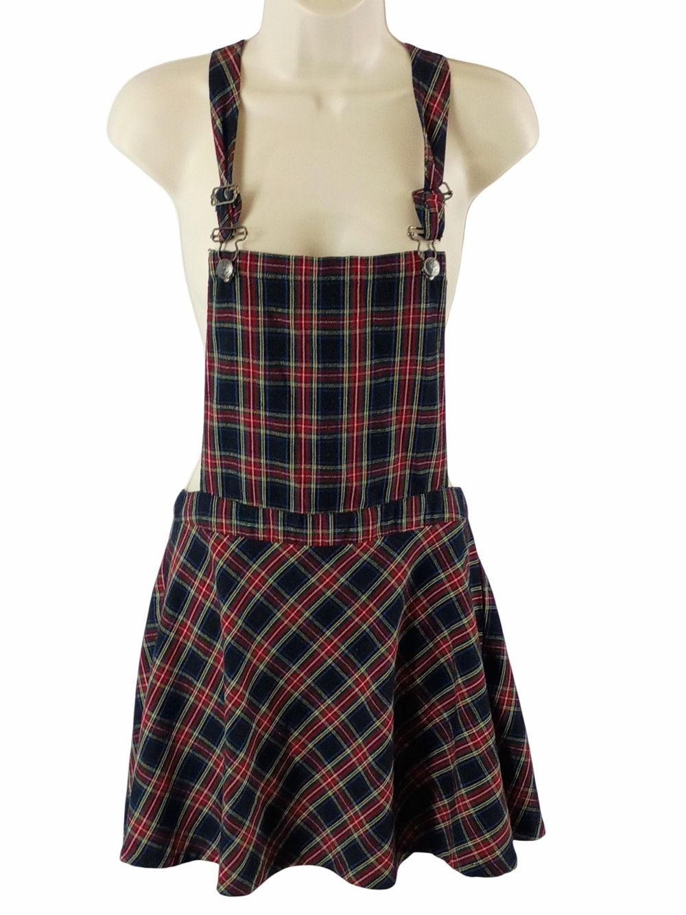 Royal Bones Navy Red Green Plaid Overall Dress with Buckle Straps